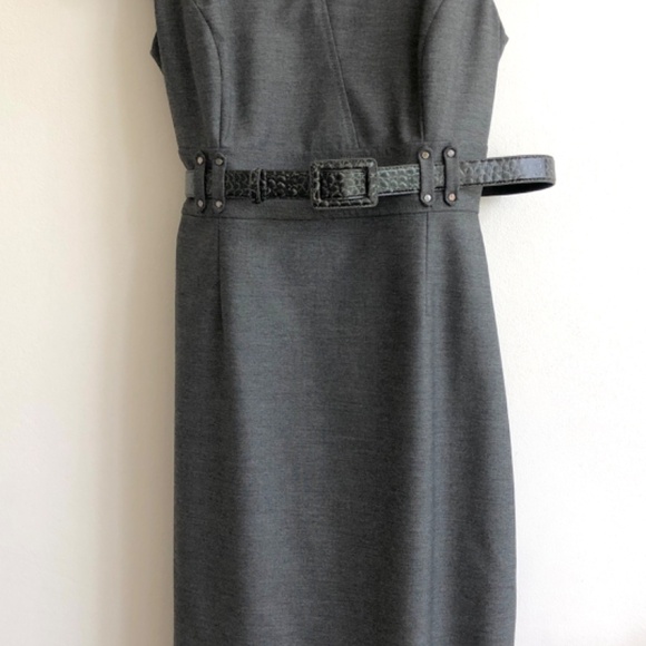 Tahari by Arthur S. Levine Belted Split Neck Sheath Dress - Size 4, gray - Picture 2 of 9